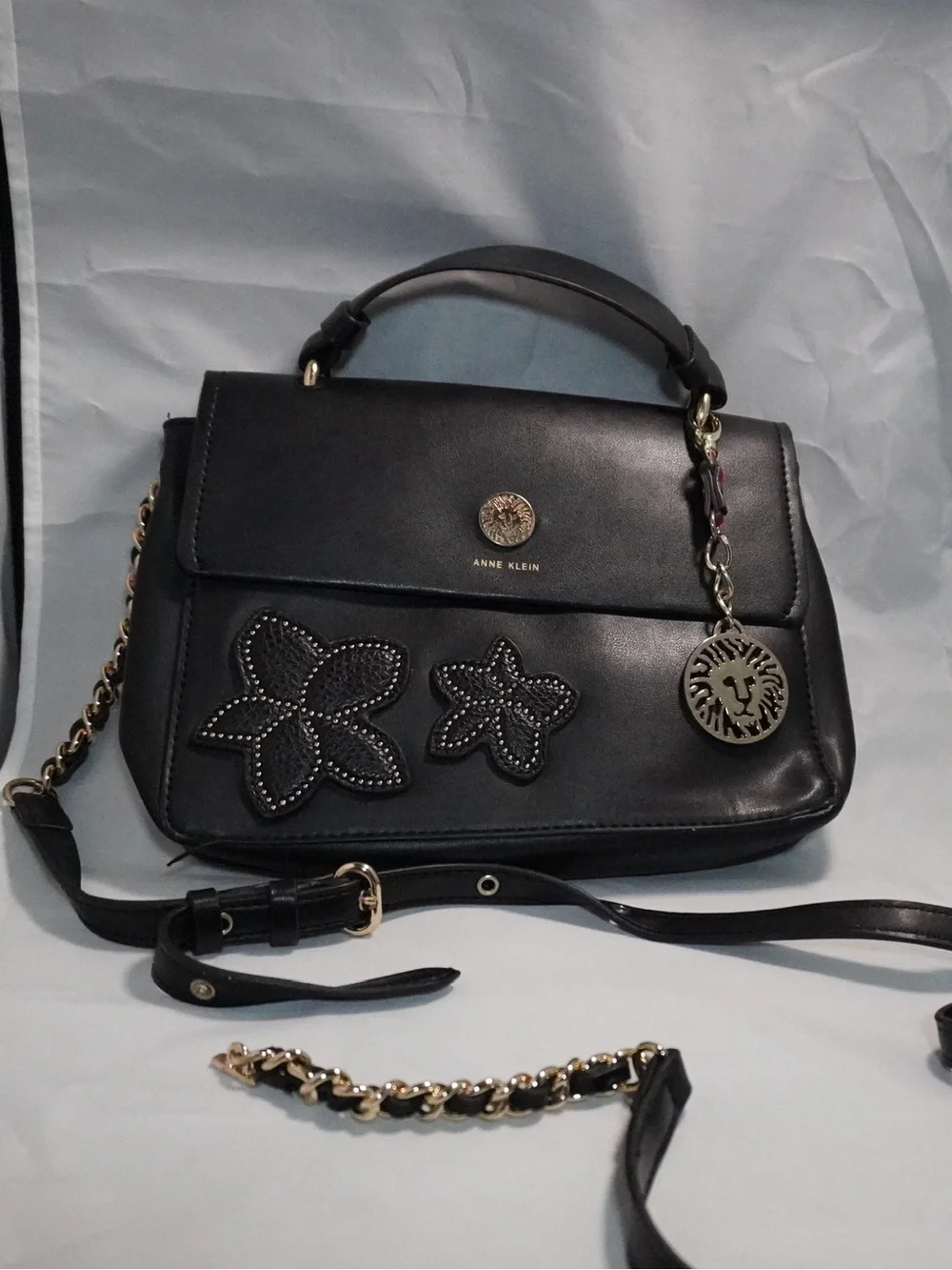 Anne Klein Black Floral Convertible Satchel Crossbody Bag